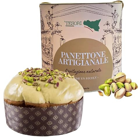 Tesori di Sicilia Panettone Artigianale al Pistacchio di Sicilia 1Kg, Confezione Ù Ciauru di Palermo include Panettone e Mazzo di Carte Siciliane in Omaggio, Idea Regalo Natale