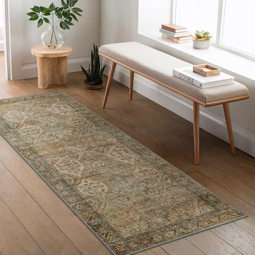 BEIMO Läufer Flur 80x150cm, Vintage Waschbarer Teppich Dunkelbraun | Boho Orientalisch Wohnzimmerteppich, Weicher Kurzflor Klein Carpet mit Rutschfester für Eingang, Bettvorleger Schlafzimmer