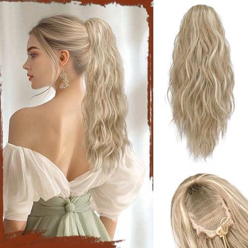 Sofeiyan Pferdeschwanz Haarteil mit Kordelzug Wellig Lockig Ponytail Extension 45 cm Beach Pferdeschwanz Zopf Extension Synthetisches Haarteil für Damen, Helles Aschbraun & Bleichblond