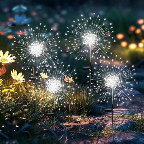 GIGALUMI Luces de fuegos artificiales, 120 LED, paquete de 4, luces de hadas de jardín alimentadas por energía solar para decoración de patio,blanco frío