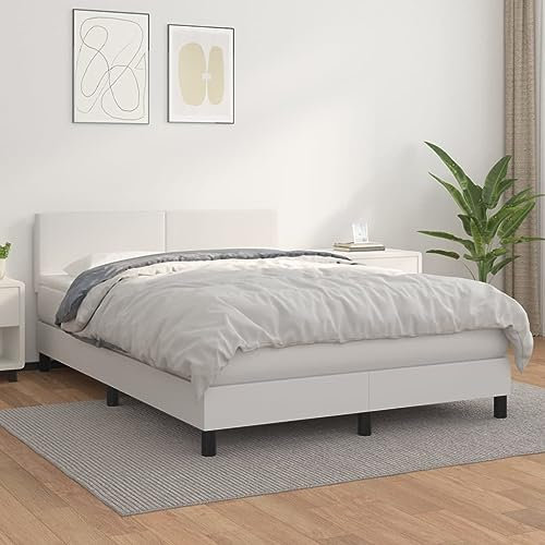 OHOOWOO Boxspringbett mit Matratze Weiß 140x200 cm Kunstleder,Hochwertiges Boxspringbett aus Kunstleder mit einstellbarem Kopfteil und Taschenfederkernmatratze für erholsamen Schlaf und mehr Platz