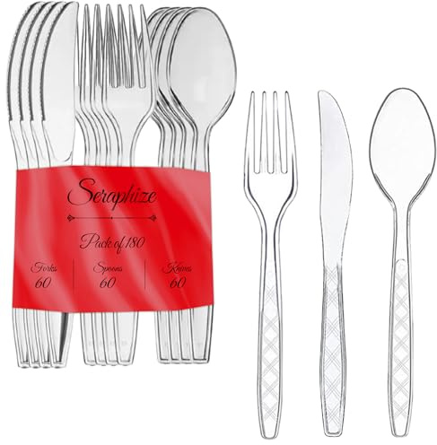 Seraphize Plastic Cutlery Set Pack of 180 (60 Spoons, 60 Fork & 60 Knives) Strong, Durable & Lightweight | Heavy Duty Reusable Cutlery Set | Dining Utensils for Events & for Everyday Personal Use