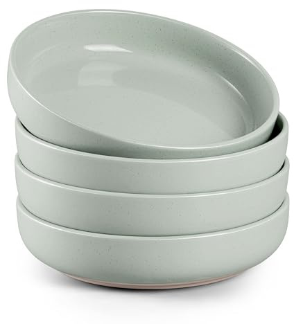 HaWare Pasta Bowls Set of 4, 33oz Large Salad Bowls for Home Kitchen, Ceramic Serving Plates for Soup, Cereal, Wide and Shallow Dinner Bowl, Microwave & Dishwasher Safe, Asparagus Green