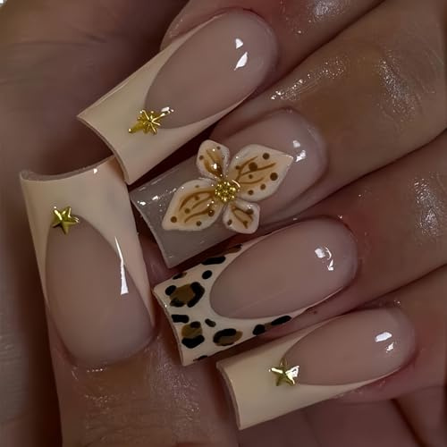 GlamRays Press on Nails Lange Quadratische Falsche Nägel Glänzend 3D Blumen Akrylnägel Gel Klebernagel Vollumfängliche Herbst Braun Französische Spitzen Aufnageln 24 Stück