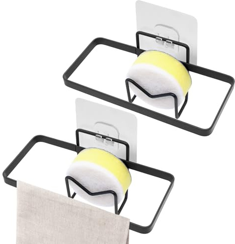 WYYFXY® 2 Stück Schwammhalter Küche, 2 in 1 Lappenhalter Spülbecken Organizer Spültuchhalter Schwarz, Spüle Organizer Küche Selbstklebend für Schwamm, Handschuhe, Bürste, Lappen