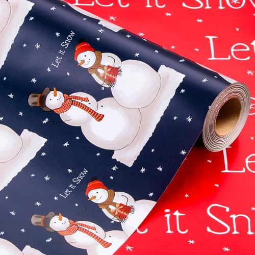 Wikadlik Christmas Wrapping Paper - 43cm x 10m Vintage Snowman Let It Snow Lettering Design Navy Blue and Red Presents Packing Paper