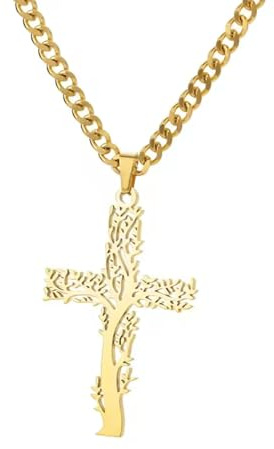 FEERIES ET MERVEILLES Collier avec Pendentif Croix Arbre de Vie, Chaîne en Acier Inoxydable Doré, Style Chrétien, collier croix chrétienne