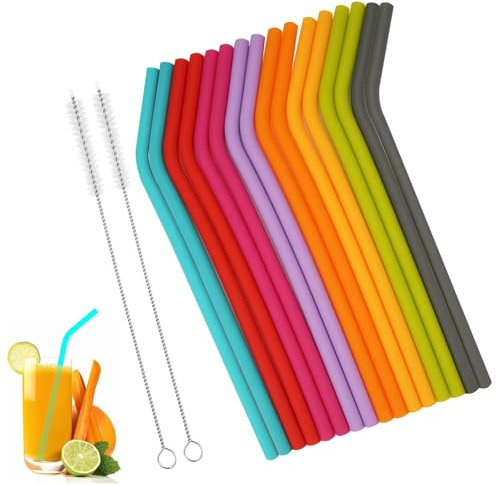 Exsbtay 16 Stück Silikon Strohhalme, Trinkhalme Wiederverwendbar, Bunte Silicone Straws für Kinder mit 2 Reinigungsbürste für Cocktails, Säfte, Milchtee