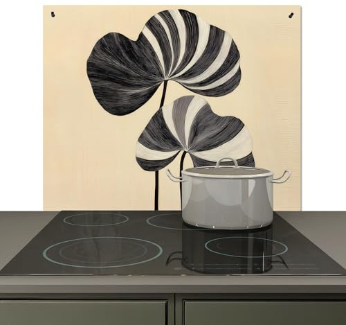 KitchenYeah© Spritzschutz Herd Küchenrückwand Vinyl Küchen Zubehör | 60x52 cm - Küchenwand, Herdabdeckplatten für Ceranfeld Schwarz - Blätter - Streifen - Minimalistisch