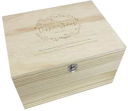 Personalised Wooden Engraved Memorial Wreath Keepsake Memory Box | Customizable Remembrance Bereavement Gift | Metal Hinges and Clasp | Custom Name, Date and Verse | W16cm x D11cm x H9cm