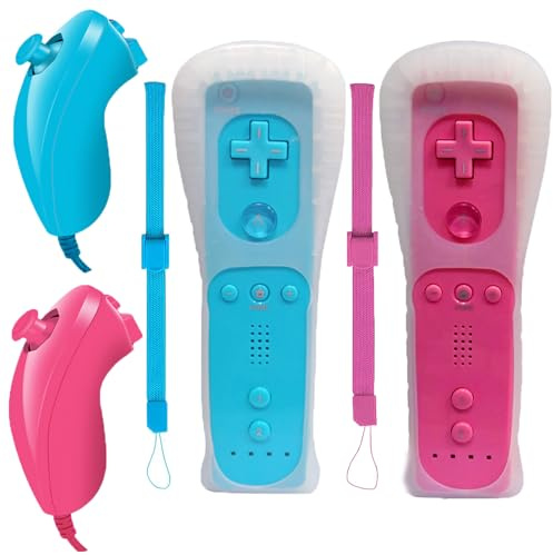 Goldtree Wii Remote Controller 2 PACK,With Nunchuck Compatible with Wii U Console (Light blue and Peach pink)