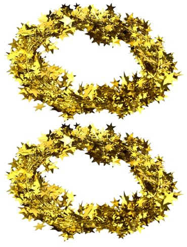 2 Stück Lametta Weihnachtsbaum Girlande Gold,Weihnachten Glitzer Stern Draht Deko,Christmas Goldene Kleine Sterne Girlanden Hängedeko,Kunststoff Aufhängen Mini Sternengirlande für Banner Tischdeko