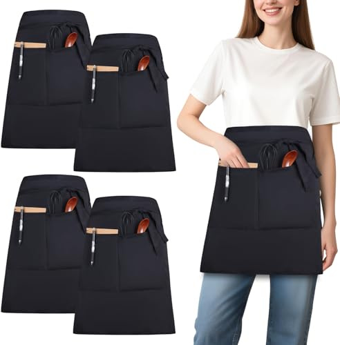 Qixora Delantal Corto, 4 Piezas Delantal Negro Impermeable con 2 Bolsillos, delantal de Camarero Hombres Como para Mujeres, Ajustables para Barbacoa,Cocinar, Hornear, Jardinería, Restaurante, Hoteles