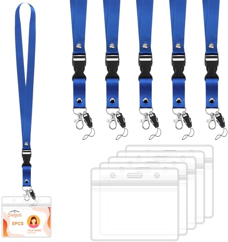 Segus Ausweishülle mit Band, 5 Stück Schlüsselband Blau, Kartenhülle mit Band, Lanyard mit Lobster Clasp Abnehmbar, Kartenhüllen Transparent, für Büro, Geschäfts Messe (Horizontale)