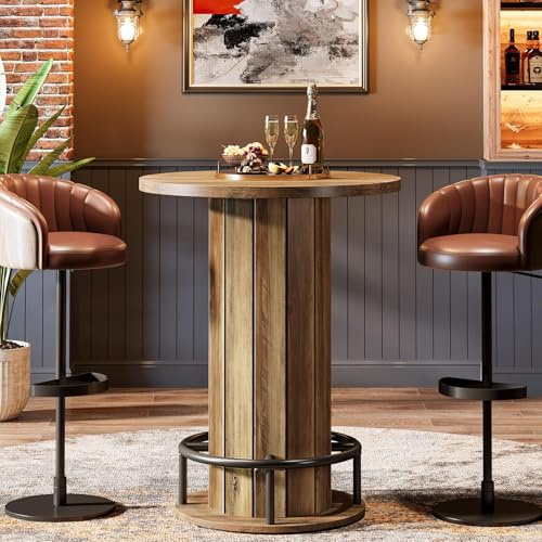 Tribesigns Tavolo rotondo alto 100 cm in legno, tavolo da bistrot, con poggiapiedi in metallo, per sala da pranzo, caffetteria, cocktail, marrone (solo tavolo)