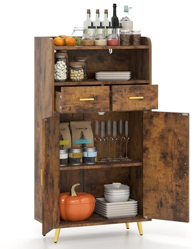 GIANTEX Aufbewahrungsschrank, Sideboard mit Ablage, 2 Schubladen & Doppeltürenschrank, Buffetschrank für Wohnzimmer & Eingangsbereich, Beistellschrank 60 x 30 x 113 cm (Braun)
