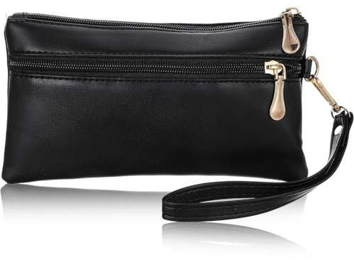 Xinjoduz 1 PCS Small Clutch Bag Black Wristlet Wallets for Women PU Leather Small Black Clutch Purse Wristlet Clutchs Handbags Wallet Cell Phone Purse Pouch Bags with Zipper for Ladies Women Gifts