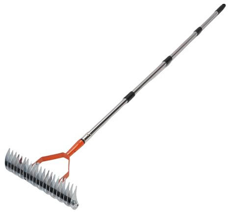 FTVOGUE Rastrillo de Paja, Ajustable de 4 Secciones, Rastrillo de Césped de Acero Inoxidable, de Hierba Muerta de 1,7 Metros para Aflojar y Airear el Suelo, Ideal para Jardinería y Cuidado del Césped