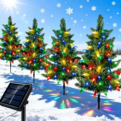 Aurora Haven - Luz LED 4 en 1 para exteriores con 80 decoraciones de fresas, luces LED solares para árbol de Navidad, paquete de 4, decoraciones navideñas al aire libre para jardines, césped e