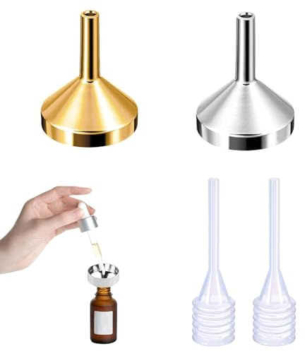 ARYIMYDP 2 Piezas Embudo Mini Pequeño en Dorado y Plateado con Pipeta de Muelle 3ml, Ideal para Rellenar Líquidos en Botellas Pequeñas, Botellas y Automóviles, Resistente y Fácil de Limpiar