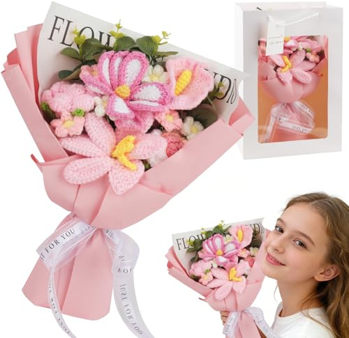RNPKZ Crochet Flowers Bouquet, Rose Handmade Knitted Bouquet, Crochet Flower Bouquet with Gift Bag, Knitted Flower Bouquet, for Mother's Day, Valentine's Day, Graduation, Birthday,Anniversary (Pink)
