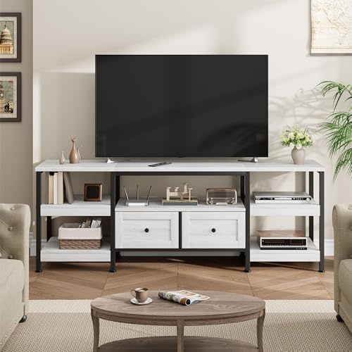 TV-Schrank, Fernsehtisch, Fernsehschrank, Lowboard mit 2 Schubladen, 5 Offenen Fächern, für Wohnzimmer, Unterhaltungsraum, TV-Regal 200 x 40 x 65cm für Fernseher bis zu 85 Zoll, Industrie-Design, Weiß