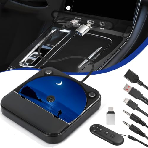 Lecteur CD de Voiture, Lecteur CD Externe Portable Universel (Noir) | USB/AUX, télécommande, housse anti-poussière, compatible Android Auto, PC, ordinateur portable, TV