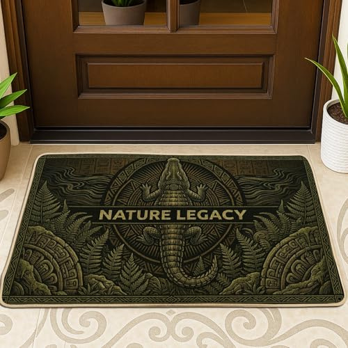 Felpudo de bienvenida de cocodrilo, diseño de helechos étnicos de la naturaleza, color verde, antideslizante, para decoración de suelo, puerta delantera, entrada, patio, 73 x 43 cm