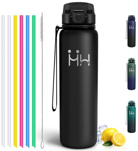 Motswedi Trinkflasche Edelstahl 1l, mit Strohhalm, Thermosflasche, Kalt & Warm, Auslaufsicher, Isolierflasche, Thermo Trinkflaschen, für Büro, Camping, Gym, Outdoor, Schwarz