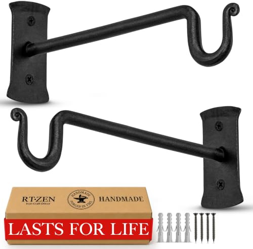RTZEN Plant Hangers Outdoor or Indoor - Wrought Iron Metal Hanger Indoor Hook - Heavy Duty Wall Bracket Hooks for Hanging Plants Baskets Lanterns Wind Chimes - 2 Pack (Black Shepherds Hooks 7.5)