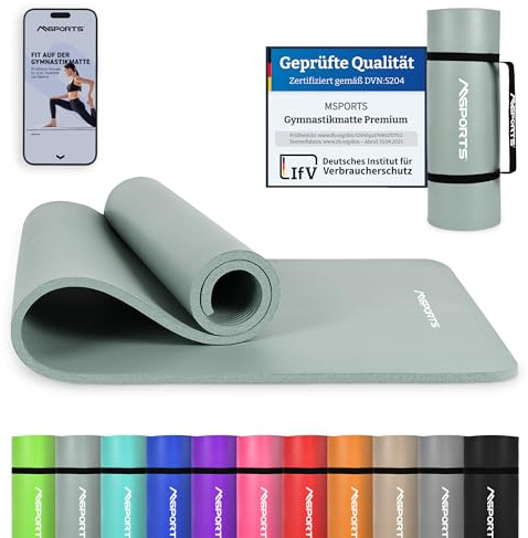 MSPORTS Gymnastikmatte Premium – rutschfeste Fitness- & Yogamatte | Hautfreundlich - inkl. Tragegurt, Übungsposter & Workout-App - 190 x 100 x 1,5 cm - Steingrau