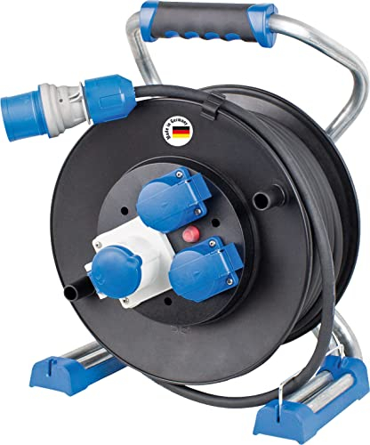 as - Schwabe Camping Kabeltrommel 25 m - mit Spannungsanzeige am CEE-Stecker - 2 Schutzkontakt- & 1 CEE-Steckdose 230V/16A/3-polig - Outdoor Kabeltrommel - Spritzwasserschutz IP44 - Schwarz, 22176