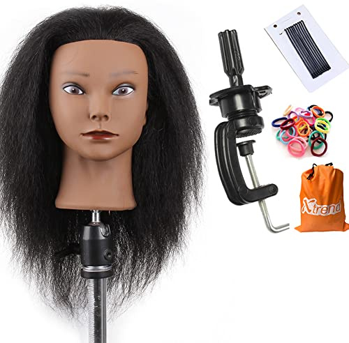 Xtrend Mannequin Head with 100% Real Hair Hairdresser Training Head Manikin Cosmetology Head Hairdressers Practice Training Head for Hairstyling and Braiding(Table Clamp Stand Included)