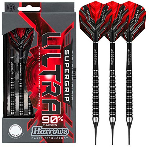 Harrows SUPERGRIP Ultra 90% Wolfram-Dart-Set mit weicher Spitze. Erhältlich in 18 g, 21 g, 22 g – inklusive Supergrip-Carbonschäfte, Supergrip-Flights und Reiseetui