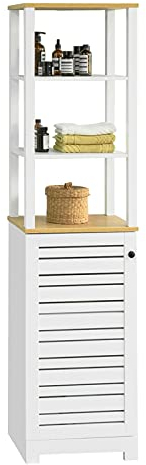 SoBuy Badezimmerschrank Schmal mit Lamellentür, Bad Hochschrank Regal mit offenem Regal, Badezimmermöbel aus Holz, Schrank für kleines Bad, Badregal stehend Weiß-Natur 160x40x30cm BZR43-W