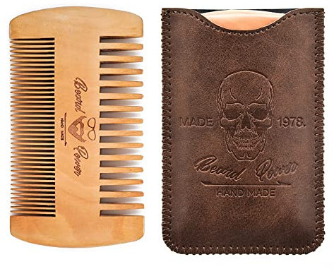 Menesia Bartkamm aus Holz mit Etui für Herren, feine und grobe Zähne, Taschenkamm für Bärte, Schnurrbärte und Haare, braunes Totenkopf-Design