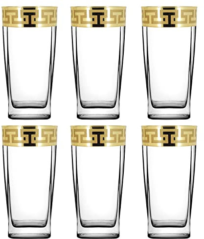 Roman Deluxe Highball Glasses Set of 6/ Drinking Glasses/Clear Coctail Glasses with Gold Wide Patterned Rim/Water Glasses/Juice Glasses/Tumblers/ 310ml/ Gift Set for Women and Men (Greek Pattern)