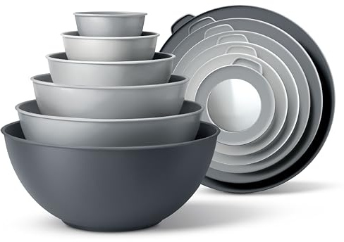 COOK WITH COLOR Mixing Bowls Set with TPR Lids - 12 Piece Plastic Nesting Bowls Set includes 6 Prep Bowls and 6 Lids, Microwave Safe (Grey)
