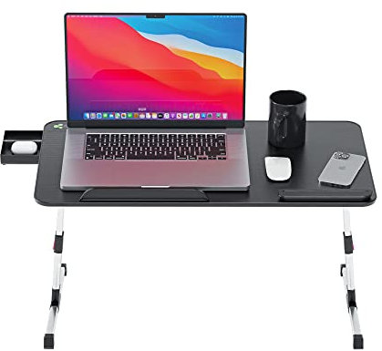 Fulmers Table pour ordinateur portable réglable en hauteur avec 5 niveaux – Table pour tablette et ordinateur portable pliable avec petit tiroir – Support pour ordinateur portable pour lit, canapé,