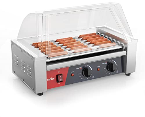 CROSSON Hot Dog 7 Roller Grill Cooker Machine with Transparent Sneeze Guard,7 Nonstick 304SS Rollers and Dual Temp Control,Commercial Hot Dog Cooker Machine-120V, 1050W