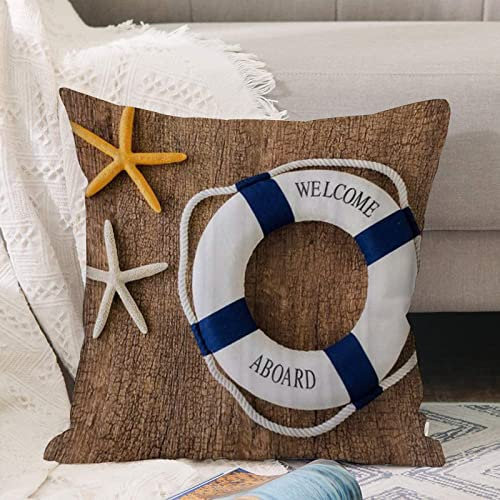 Kissenbezug 45x45 cm,Rettungsring und Seestern an Einer Holzwand Hartholz-Design befestigt,Outdoor Kissen Kissenbezüge Kissenhülle Sofa Kissen dekokissen Zierkissen für Wohnzimmer Garten deko draußen