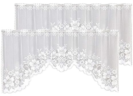 WUBODTI Vintage White Sheer Swag Valance Curtains Floral Embroidery Lace Kitchen Swag Window Valances Hollow Knitted Short Curtains for Cafe Dining Room Bathroom Small Windows, 64’’ Wx24’’ H, 2 Pcs