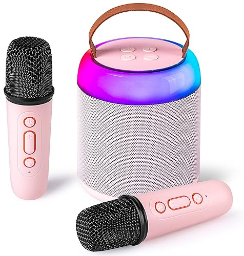 Mini Karaoke Machine with 2 Wireless Microphones for Kids Adults, Portable Bluetooth Speaker Toy for Girls and Boys 2 4 5 6 7 8 9 10 12 Year Old Girl Christmas Birthday Gift Home Party Ideas (Pink)