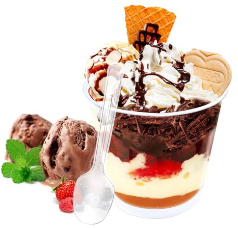 Huiyoulan 50 Pezzi Coppette Da Dessert, 200ml Bicchierini Finger Food con cucchiai,Coppette Gelato Plastica Riutilizzabile,Tazze da Dessert Trasparente per, Mousse,Gelati,Compleanni, Matrimoni