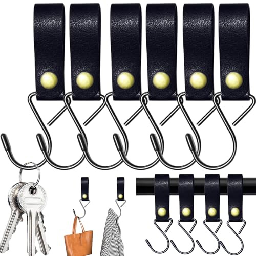 Weploda 6 Stück Leder S Haken Schwarz, Metall-S-förmige Haken, S Garderobenhaken Lederschlaufe, Mit Lederschlaufe, Erträgliches Gewicht: 5 kg, Zum Aufhängen von Kleidung, Küchenmessern(Schwarz)