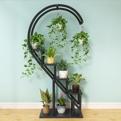 Kreativer halbmondförmiger Leiter-Blumentopf-Ständer, verstellbarer herzförmiger hoher Pflanzenständer mit Gestell, 5 Etagen Metall-Pflanzenständer Blumenständer for Zuhause, Terrasse, Rasen, Garten,