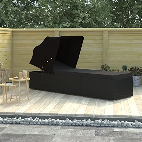 ULUYYUC Rattan-Liegebett Sonnenbank Tagesbett-Überdachung Liege GartenSonnenliege mit Sonnenschutz und Auflage Poly Rattan Schwarzgeeignet für Pools, Strände, Decks