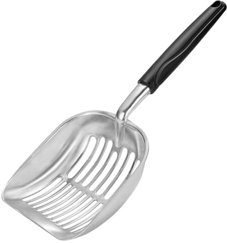 Katzenstreu-Siebkelle, Katzenstreu-Siebkelle mit langer Handgriff, Edelstahl-Siebkelle, Mist-Siebfunktion, Siebspaten, geeignet für Katzenstreu-Kisten (schwarz)