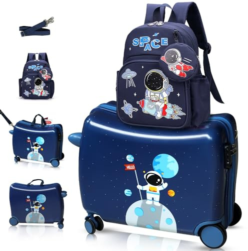 R.Leone Valigia Cavalcabile per Bambini Ryanair 55x40x20 cm + 30x23x14 cm Set 2 Pezzi Trolley Bagaglio a mano 4 Ruote e Zaino 311 (Astronauta, Valigia 55x40x20cm+Zaino)
