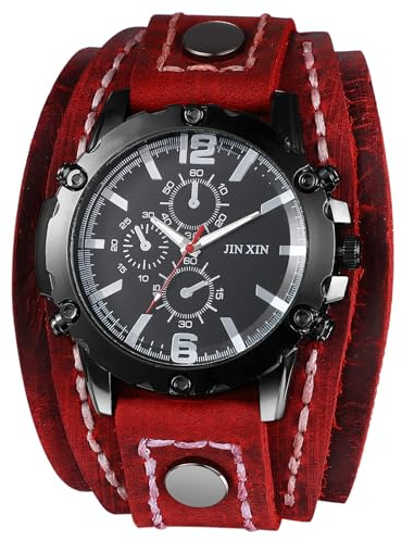 JewelryWe Herrenuhr Steampunk Echtleder Uhr Vintage Punk Analog Quarz Armbanduhr Herren Breit Geschichtet Lederarmband Lässige Sport Uhr für Halloween Männer Vater Ehemann